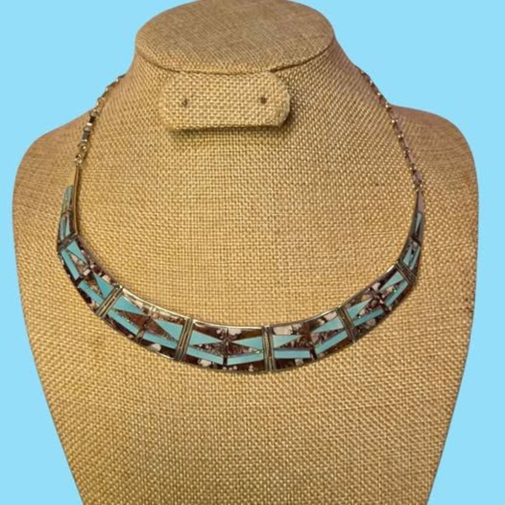 VB Southwestern Sterling Silver Inlay Turquoise Jasper Choker Necklace